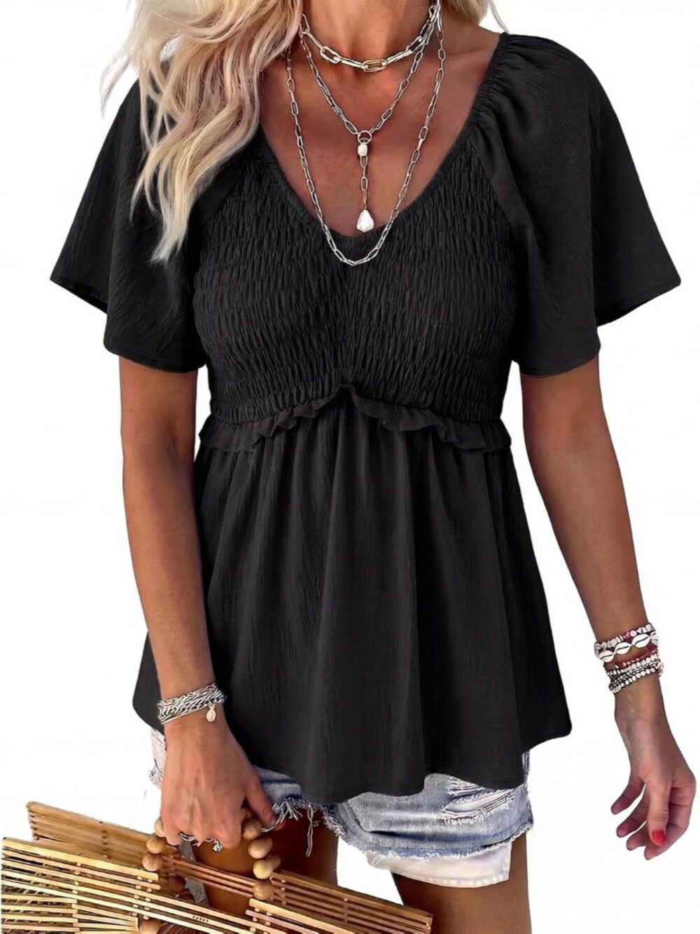 Women's Summer Peplum Tops Ruffle Short Sleeve Casual V Neck Smocked Blouses